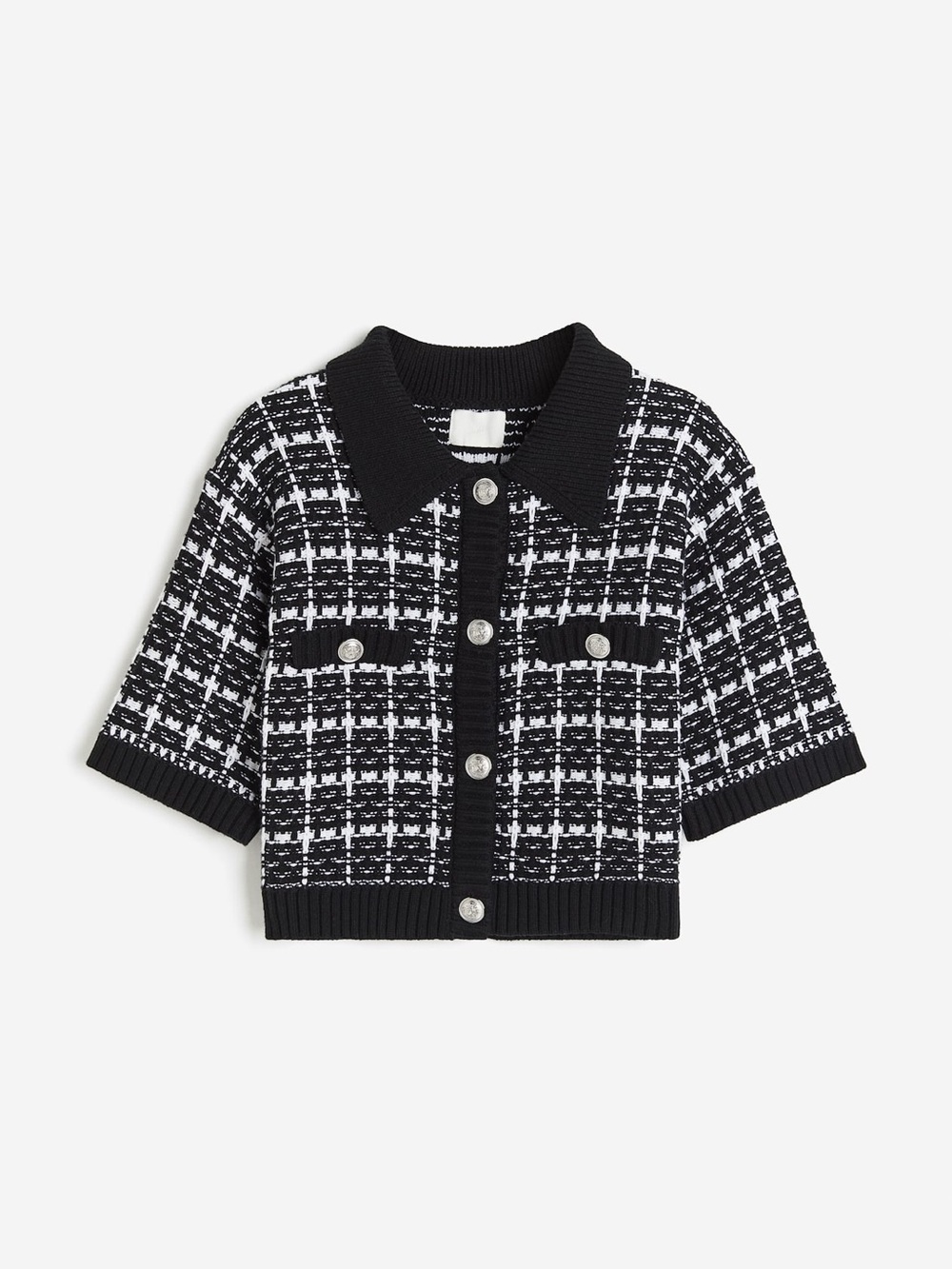 H&M Black & White Cropped Tweed Knit Button-Up Cardigan